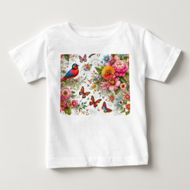 Camiseta Flores Coloridas Aves Borboleta Modelo Moderna (Frente)
