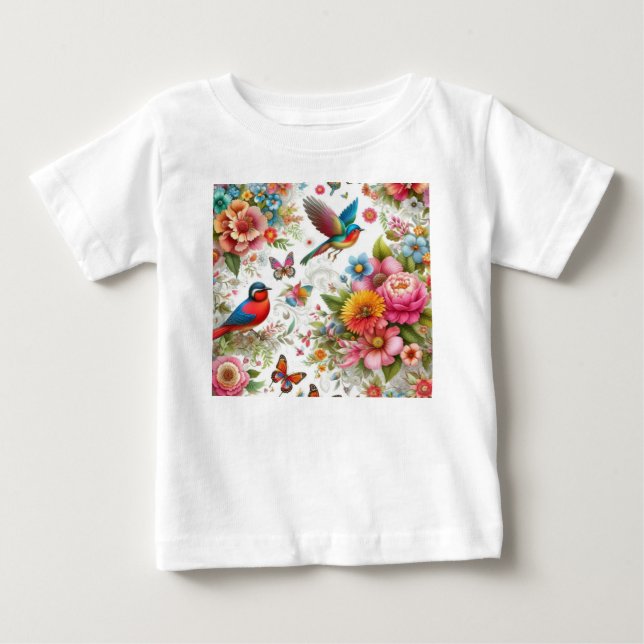 Camiseta Flores Coloridas Pássaros Borboletas Modelo (Frente)