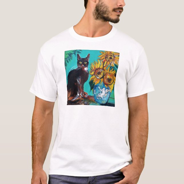 CAMISETA FLORES COM GATO EM TURQUIA AZUL (Frente)