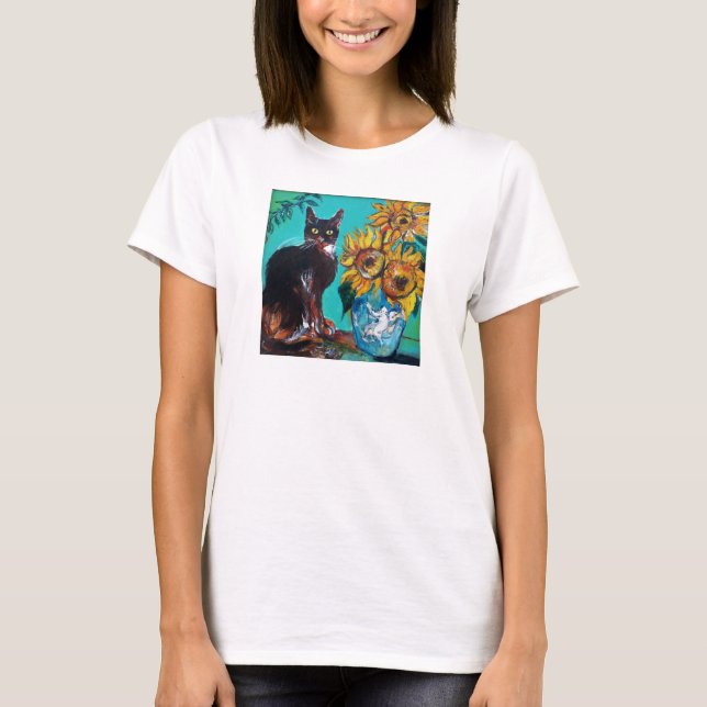 CAMISETA FLORES COM GATO EM TURQUIA AZUL (Frente)