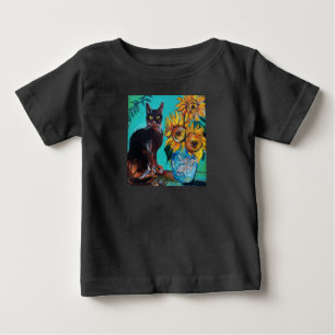 CAMISETA FLORES COM GATO EM TURQUOISMO AZUL