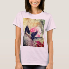 Camiseta Flores Cor-de-Água Rosa Pretas Folhas Abstrato