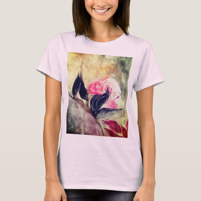 Camiseta Flores Cor-de-Água Rosa Pretas Folhas Abstrato (Frente)