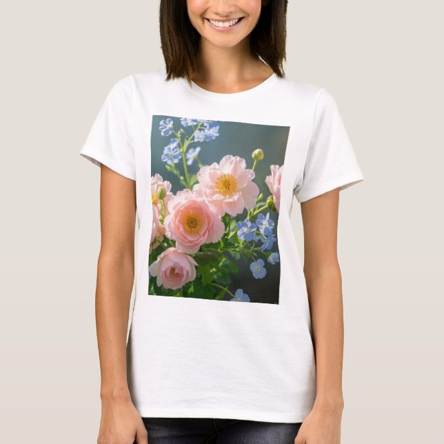 Camiseta Flores cor-de-rosa azul delicadas (Frente)