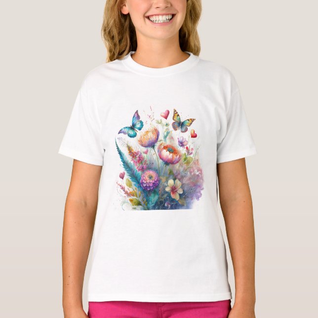 Camiseta Flores, corações e borboletas (Frente)