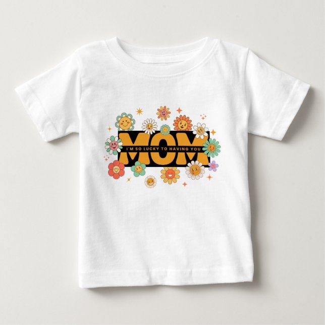 Camiseta Flores da Mãe Retro Groovy - Design para Bebês e C (Frente)
