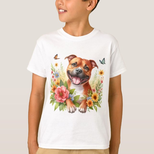 Camiseta Flores da primavera Red Staffordshire Bull Terrier (Frente)