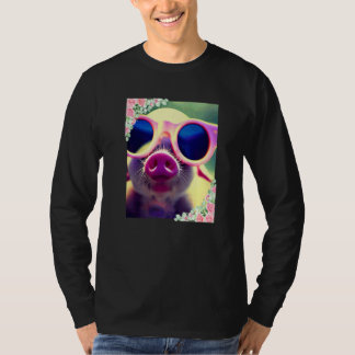 Camiseta Flores de aquarela e porco usando óculos de sol Fo