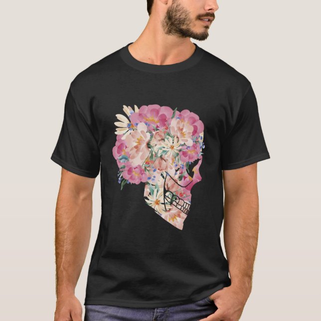Camiseta Flores de Aquarela Primavera de Caveira Rosa de Ma (Frente)