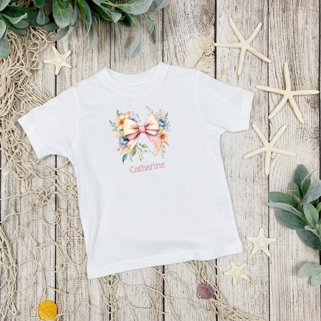 Camiseta Flores de Aquarelas do Monograma de Arco Rosa (Pink bow watercolor florals monogrammed baby toddler t-shirt)