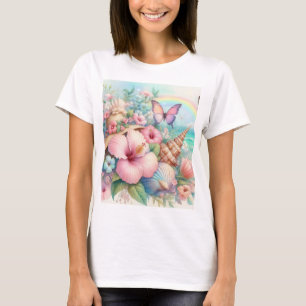 Camiseta Flores de aquarelas e conchas marinhas na praia