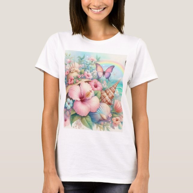 Camiseta Flores de aquarelas e conchas marinhas na praia (Frente)
