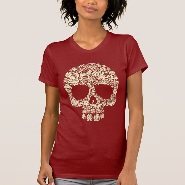 Camiseta Flores De Arte Crânio De Açúcar Bonito E Bonito (Frente)