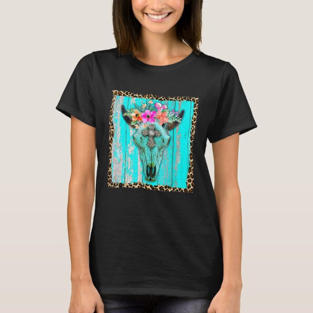 Camiseta Flores de Boho Ocidental Turquesa Touro-Vaca-Touro (Frente)