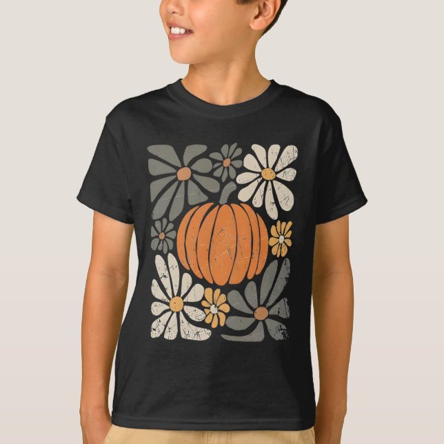 Camiseta Flores de Boho Retro Pumpkin Caem no outono (Frente)