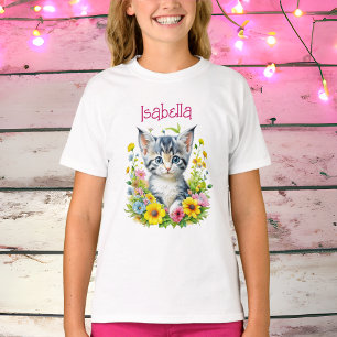 Camiseta Flores de Gatinhos de Aquarelas Personalizadas