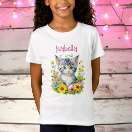 Camiseta Flores de Gatinhos de Aquarelas Personalizadas