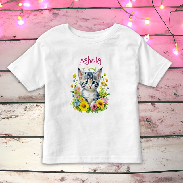 Camiseta Flores de Gatinhos de Aquarelas Personalizadas (Criador carregado)