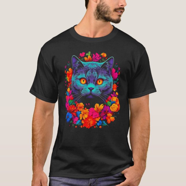 Camiseta Flores de Gato British Shorthair Fofo (Frente)
