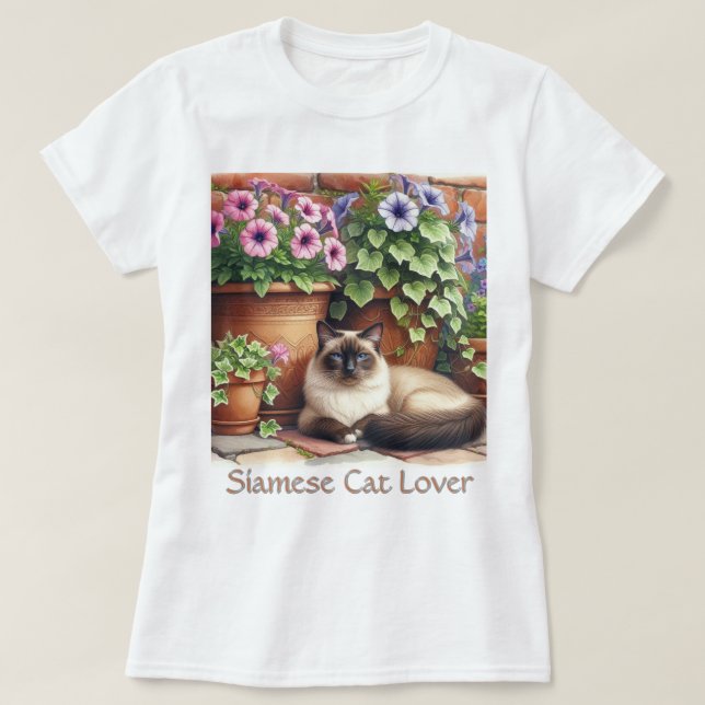 Camiseta Flores de Gato Siamês/Flores de Petunia Rosa (Frente do Design)
