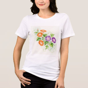 Camiseta Flores de ipoméia roxas e laranjas