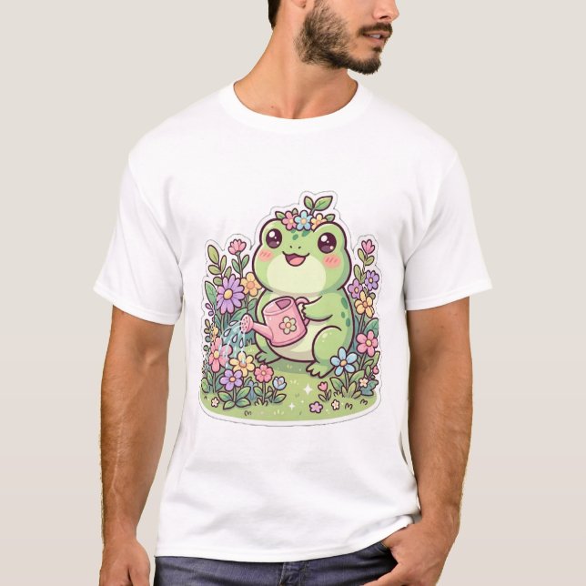 Camiseta Flores de Jardim de Sapo Kawaii Fofa (Frente)