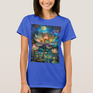 Camiseta Flores de Lótus de Vidro Colorido ao Luar