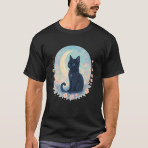 Camiseta Flores de Lua Crescente de Gato Preto Fofo