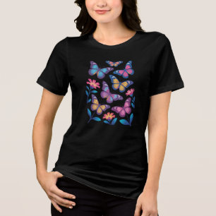 Camiseta Flores de Neon com Seis Borboletas Brilhantes