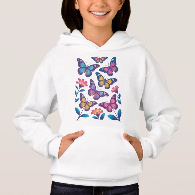 Camiseta Flores de Neon com Seis Borboletas Brilhantes (Frente)
