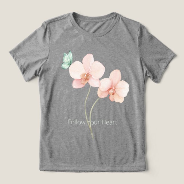 Camiseta Flores de Orquídea Rosa Borboleta Verde Menta (Design frontal)