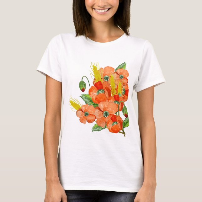 Camiseta Flores de papoila agudas de aquarelas (Frente)