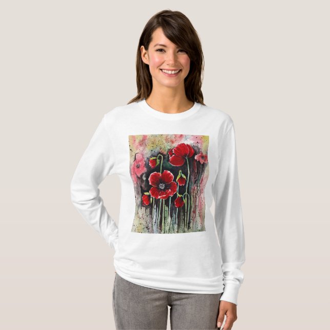 Camiseta Flores De Papoila Em Aquarela (Frente Completa)