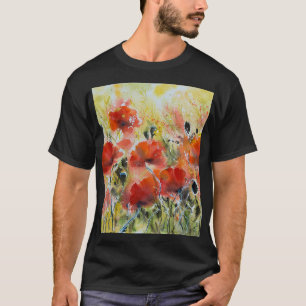 Camiseta Flores de papoila vermelhas, cor d'água macia.