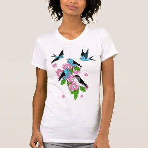 Camiseta Flores de pássaros azuis e de pau-rosa/flores de 