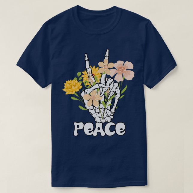 Camiseta Flores De Paz E Sinal De Paz De Esqueleto Retro B (Frente do Design)