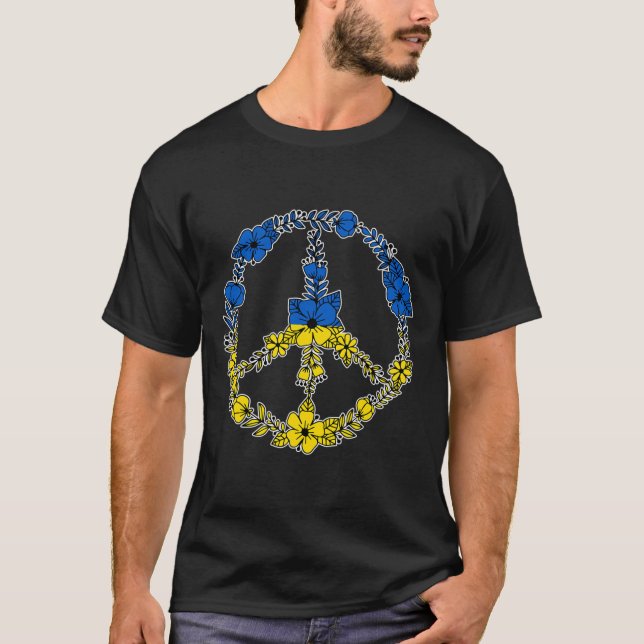 Camiseta Flores de Sinal de Paz da Ucrânia em Azul e Amarel (Frente)