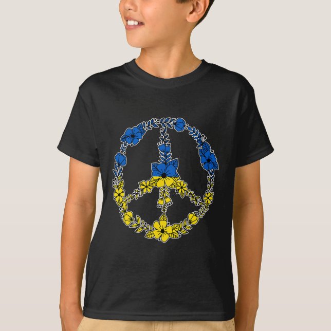Camiseta Flores De Sinal De Paz Da Ucrânia Em Azul E Amarel (Frente)