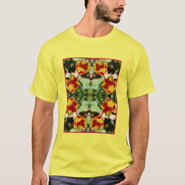 Camiseta Flores De Tulipas Vermelhas E Amarelas Fiery Abstr (Frente)