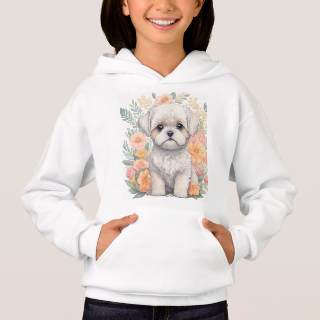 Camiseta Flores De Verão De Cãozinho Maltês, Girls Hoodie (Frente)