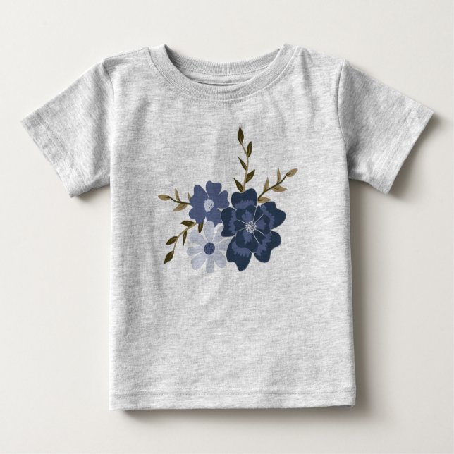 Camiseta Flores de Vetor Azul Ilustradas Vinhas Botânicas (Frente)