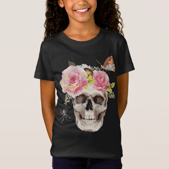 Camiseta Flores do crânio Dão de Halloween da aranha-borbol (Frente)
