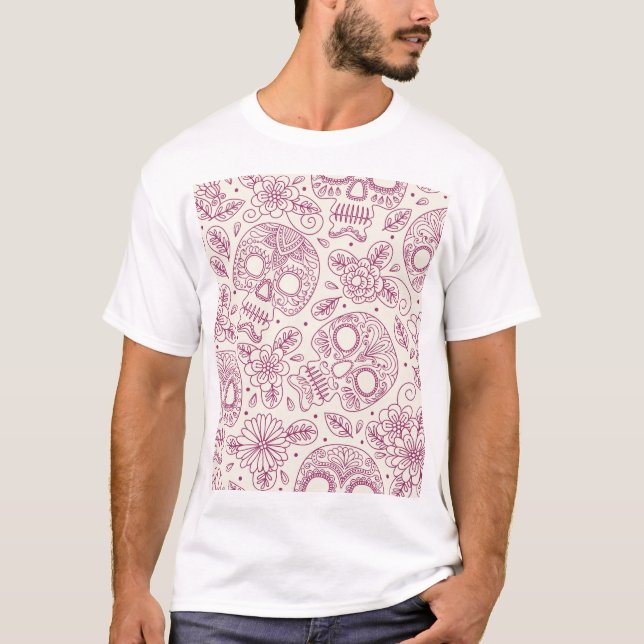 Camiseta Flores do crânio: Dia Mexicano Sem Costura. (Frente)