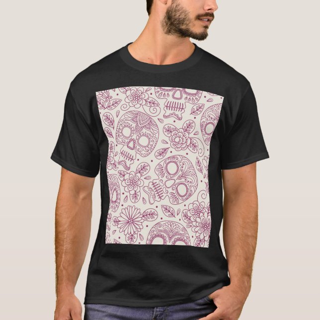 Camiseta Flores do crânio: Dia Mexicano Sem Costura. (Frente)
