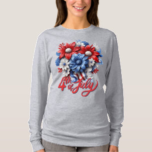 Camiseta Flores do Dia 4 de Julho em Vermelho Branco e Azul