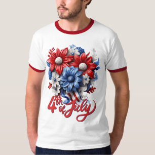 Camiseta Flores do Dia 4 de Julho em Vermelho Branco e Azul