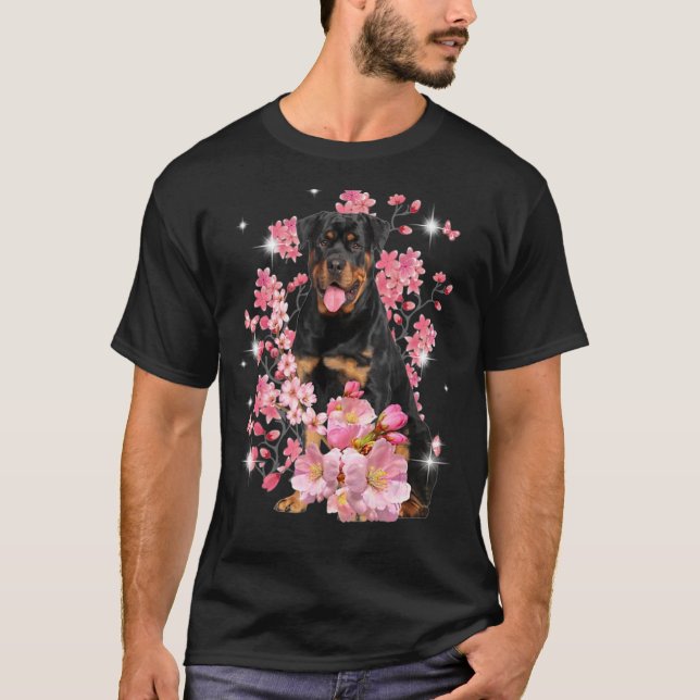 Camiseta Flores do Flor do Flor de Cereja Rottweiler (Frente)