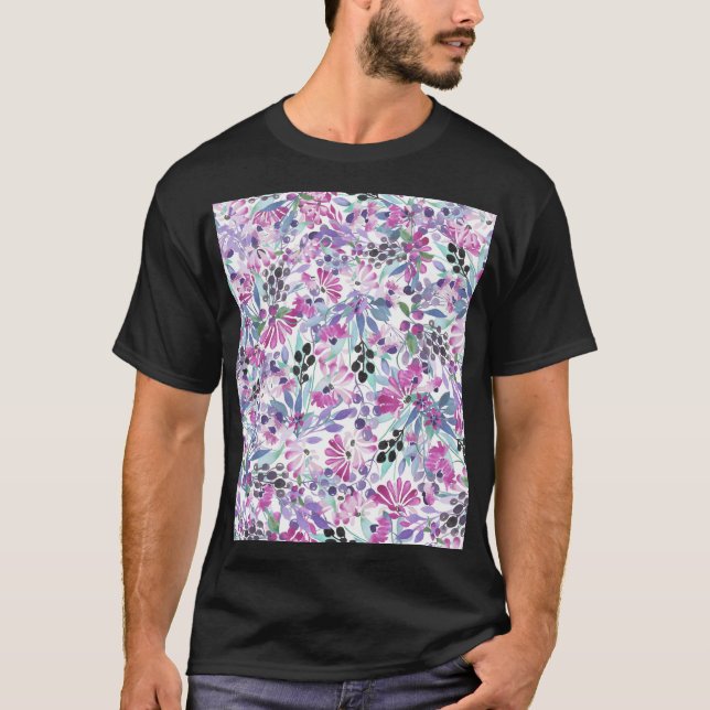 Camiseta Flores e Berries Roxos: Aquarela (Frente)