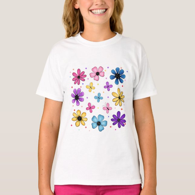 Camiseta Flores e Borboletas Brilhantes e Coloridas (Frente)