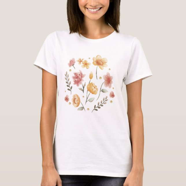 Camiseta Flores e folhas de cor d'água (Frente)